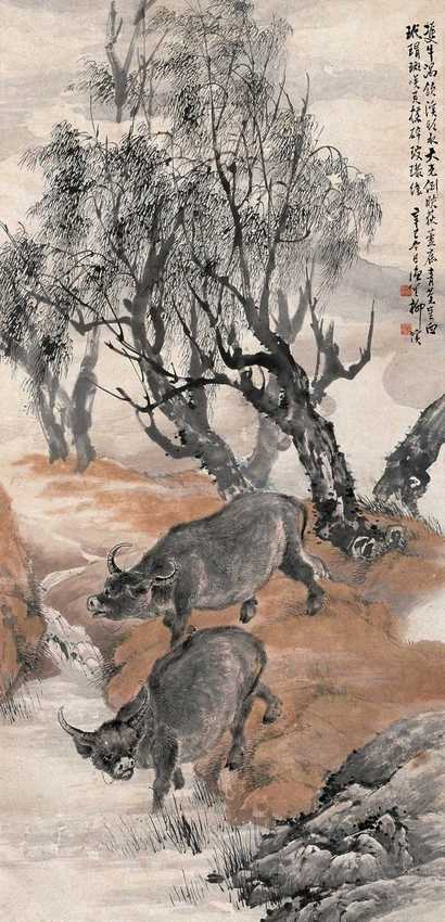 柳滨 辛巳（1941年）作 双牛图 立轴